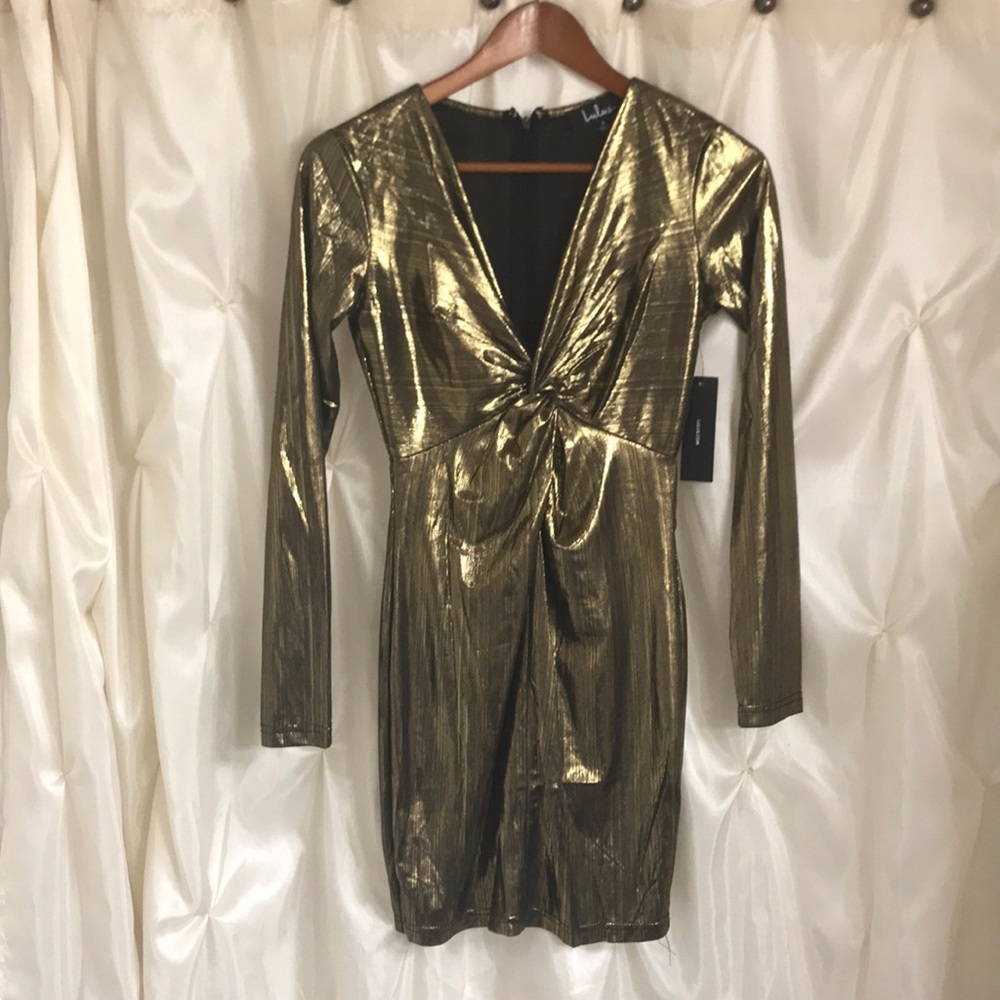 NWT Women’s Lulu’s gold metallic long sleeve dress